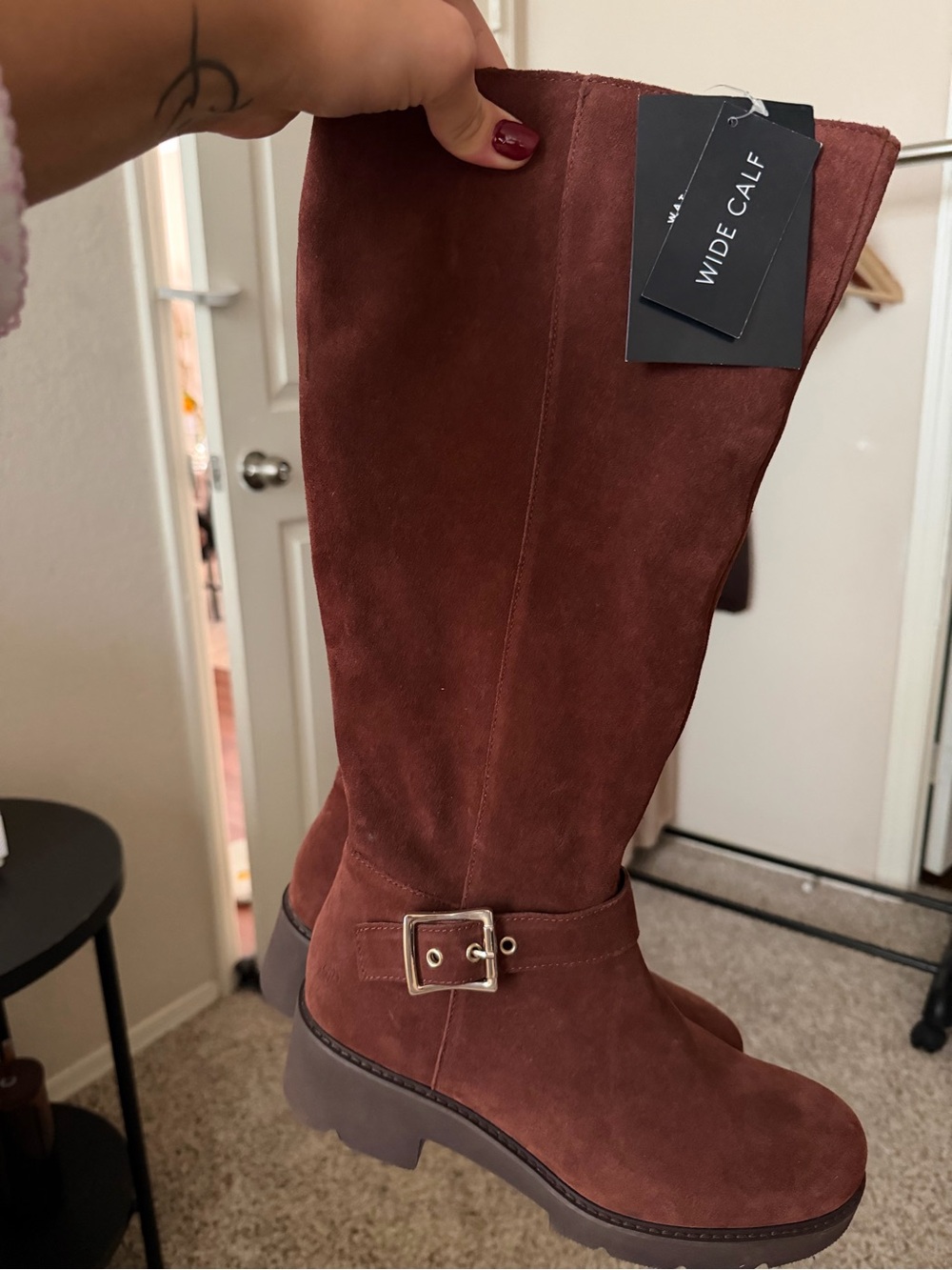 Wide Calf Rust Suede Knee Boot with Buckle